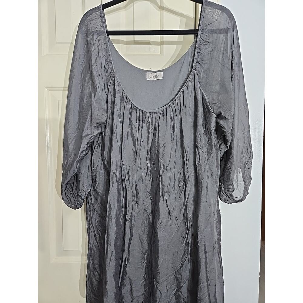 Sofia Gray Crinkle Long Sleeve 100% Seta Silk Dress Bust 40"ruffle Hem Italy